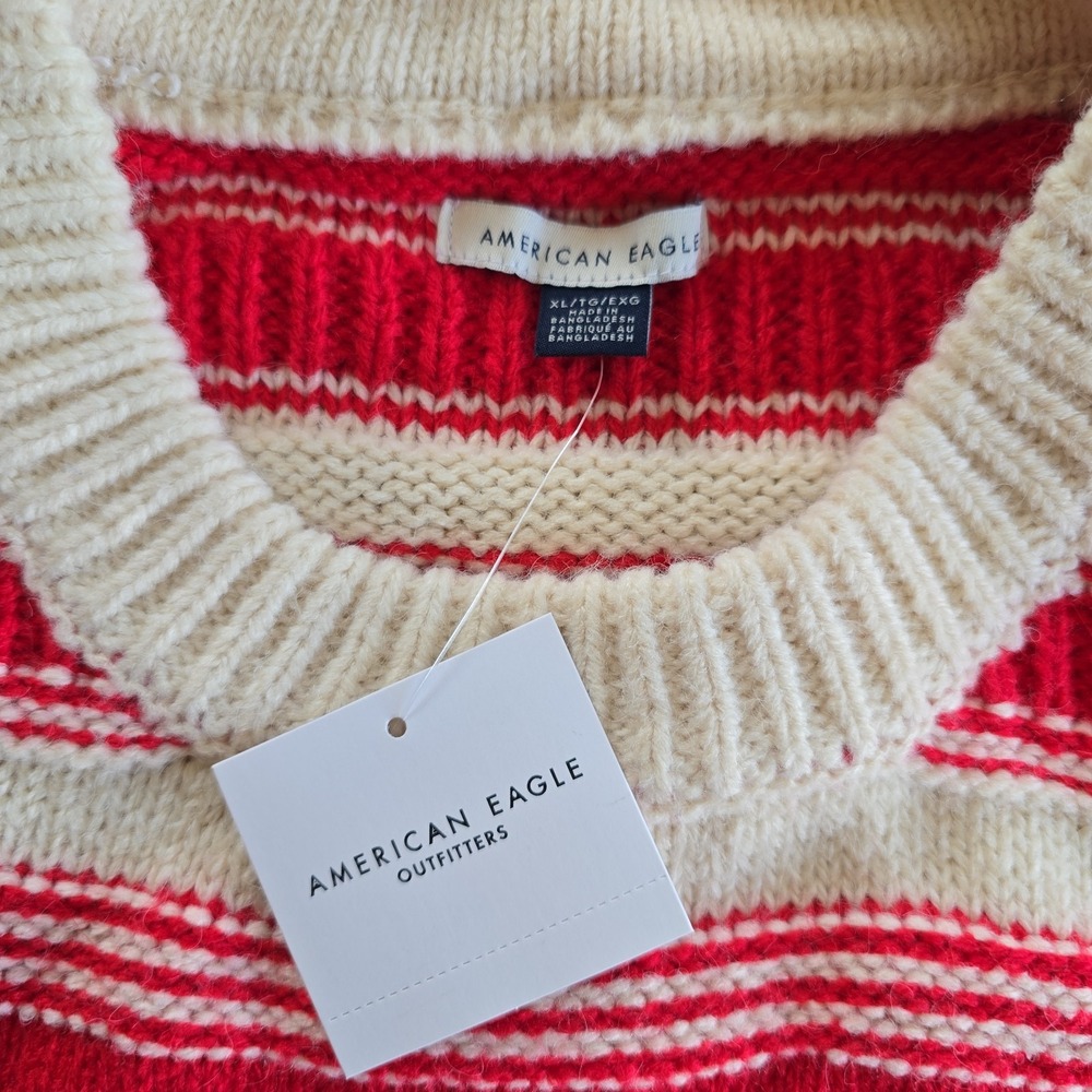 American Eagle Cable Knit Sweater Cream With Red Stripes Fisherman Crop XL NWT - Picture 12 of 13